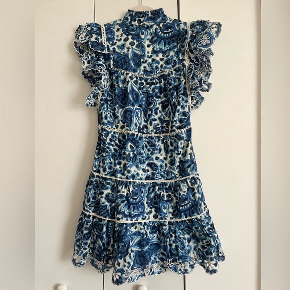 House of Harlow 1960 Blue Floral Eyelet Ruffle Dress Small Smocked Tiered A-Line - Picture 4 of 8